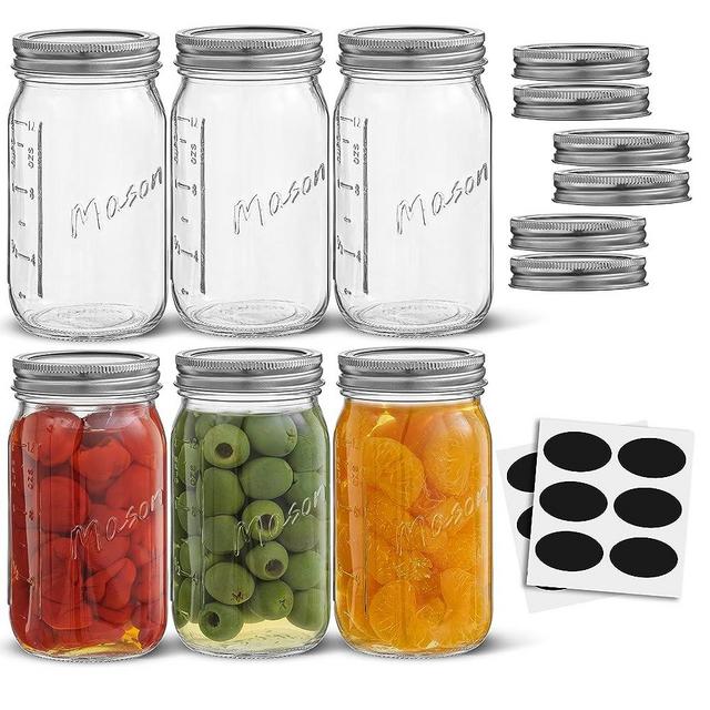16 Oz Mason Jars With Lids, Labels and Measures! 6-Pack Regular Mouth Mason Jars, Glass Jar with Lid and Band. Airtight Canning Jars, Overnight Oats Jars, Salad Jars, Sourdough Starter Jar