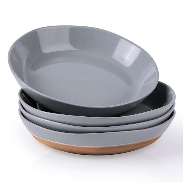 AmorArc 9.5'' Large Ceramic Pasta Bowls, 38oz Handpainted Stoneware Bowls Set of 4, Microwave&Dishwasher Safe Bowls with Wavy Rim&Rustic Terracotta Underside for Fruit Pasta Salad,Gray