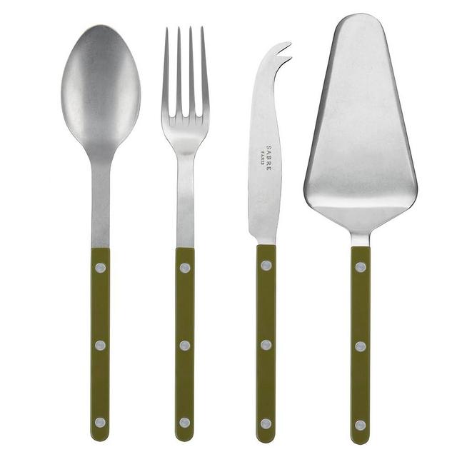 SABRE PARIS - 4-Piece Serving Set - Bistrot Vintage Collection - 2 Serving Flatware, Serrated Pie Server, Large Cheese Knife - Stainless Steel & Nylon - Dishwasher Safe - Fern Green - Mat Finish