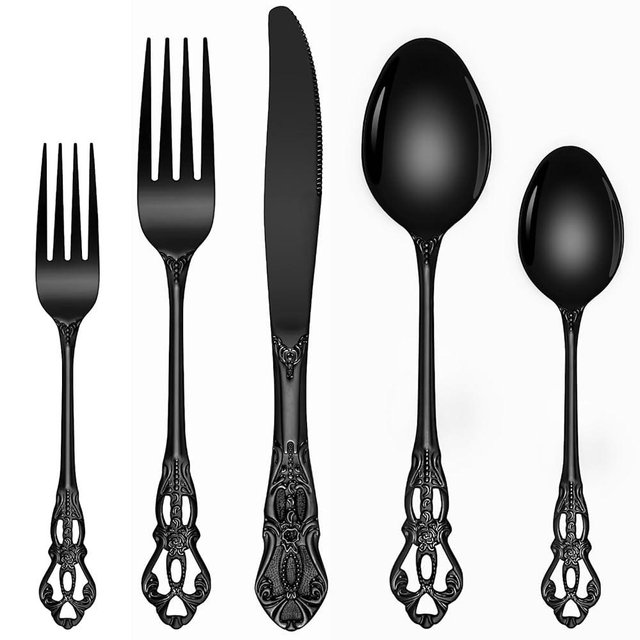 Black Silverware Set, Ollex 40-piece Retro Royal Black Silverware Set for 8 with Stainless Fork Spoons Knives Vintage Flatware Set for Kitchen Party Utensils Set, Dishwasher Safe