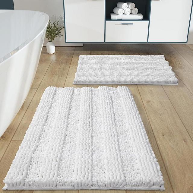 Yimobra Luxury Chenille Shaggy Bathroom Rug Set, 2 Pack Soft Fluffy Plush Bath Mat, Extra Thick, Non-Slip, Water Absorbent, Machine Washable, Bath Mats for Bathroom (White, 20" x 32"+17" x 24")