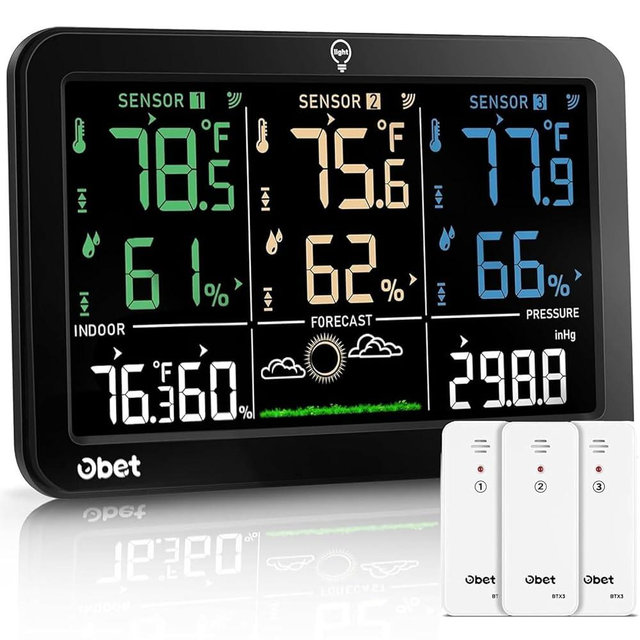 OBET Weather Station Wireless Indoor Outdoor Thermometer with 3 Sensors, Temperature Humidity Monitor with Alerts 500ft Range and 3 Adjustable Brightness
