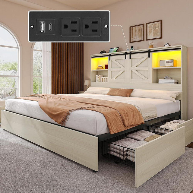 DWVO Farmhouse King Size Bed with 50" Tall Storage Bookcase Headboard, Sliding Barn Door, 4 Storage Drawers, RGB LED Bed Frame w/Type-C&USB Charging Station, No Box Spring Needed, Antique White