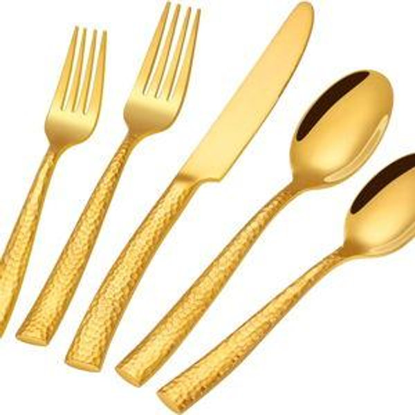 Gold Silverware Set, Ollex 20-Piece Hammered Flatware Cutlery Set for 4, Mirror Polished Stainless Steel Kitchen Utensils included Gold Knives Spoons and Forks Set, Dishwasher Safe