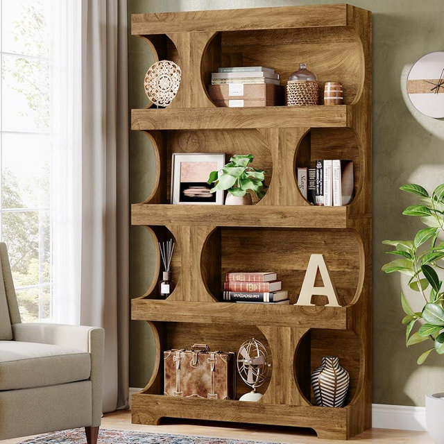 Tribesigns 71" Tall Bookcase, 4-Tier S-Shaped Bookshelf, Wood Decorative Storage Shelving, Modern Freestanding Display Shelves, Large Library Book Shelf Unit for Home Office Living Room Bedroom, Brown