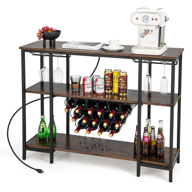 Costway Cabinet Bar Table Rack Table for Drinks Glasses with Power Outlets Brown