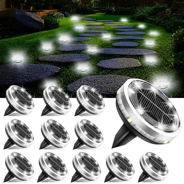 Solar Ground Lights Outdoor 12 Pack Waterproof, Upgraded Solar Garden Lights with 4 Side Light, Stainless Steel Solar Powered Disc Landscape Light for Walkway Pathway Lawn Yard Patio Deck-Cool White