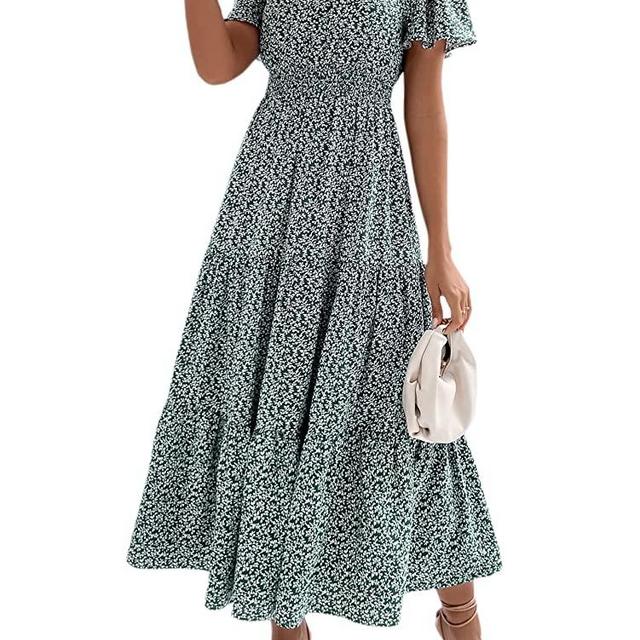 Floerns Women's Boho Ditsy Floral Short Sleeve A Line Flared Midi Dress