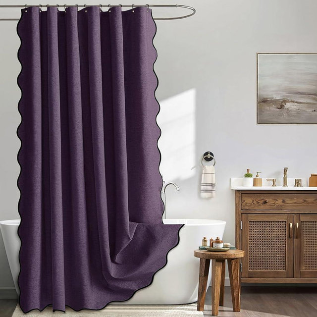 MIULEE 84" Long Scalloped Shower Curtain Linen Textured with 12 Metal Hooks Cute Extra Long Heavy Duty Washable Waterproof Cloth Shower Curtains with Black Border for Bathroom Hotel Bathtub,Purple