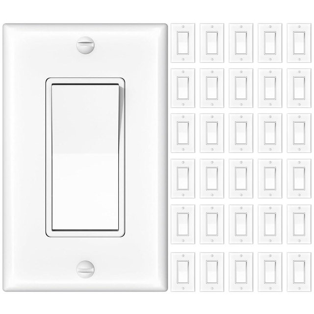 Amico 30 Pack Single Pole Light Switch with Wall Plate, UL Listed, 15A 120/277V, On/Off Rocker Paddle Interrupter Wall Switch, Grounding Screw, Residential Grade, Suitable for Home and Business, White