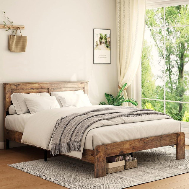 DWOYFO Wood Platform Bed Frame, King Bed Frame with Headboard and Wood Slat Support, Noise-Free,Easy Assembly, No Box Spring Neede, Dark Brown