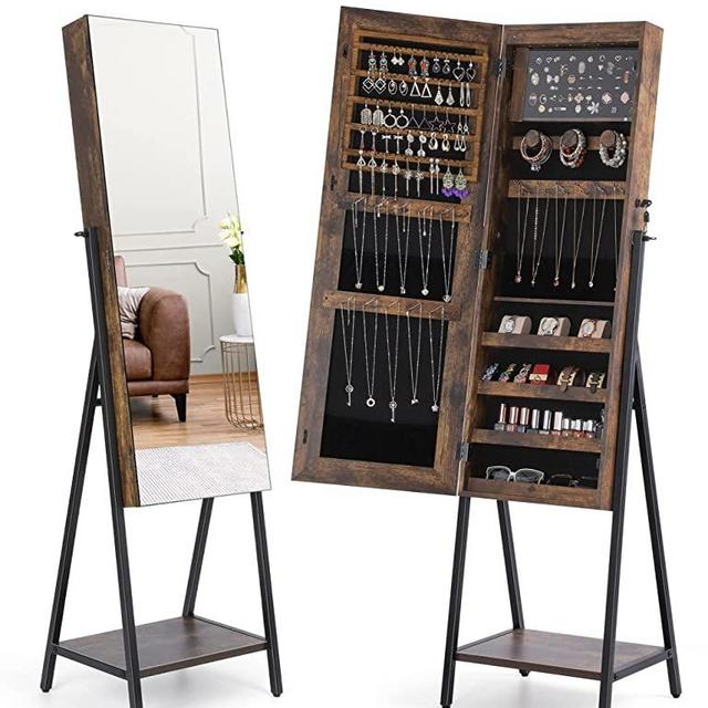 Nicetree Standing Jewelry Mirror Cabinet, Full Length Mirror and Jewelry Storage All in One, Superior Storage Capacity Jewelry Armoire Stand Up Mirror (Newly Upgraded, Rustic Brown)