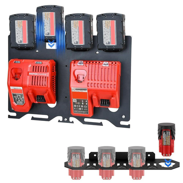 DITKOK 3-in-1 Metal Wall Mount for Milwaukee Charger, Battery and Drill, Battery Holder for 4×M12 & 4×M18 Batteries, Charger Holder for 2x M12-18C/2x M12-18FC/1x M18 DFC Chargers, Power Tool Organizer