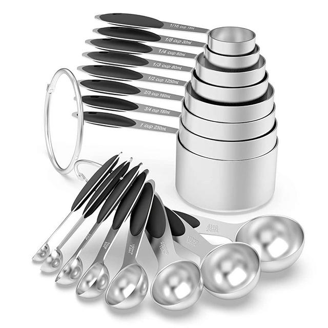 Measuring Cups & Spoons Set of 16 - Wildone Stainless Steel Measuring Cups and Measuring Spoons with Black Silicone Handle, Including 8 Nesting Cups, 8 Spoons, for Dry and Liquid Ingredient