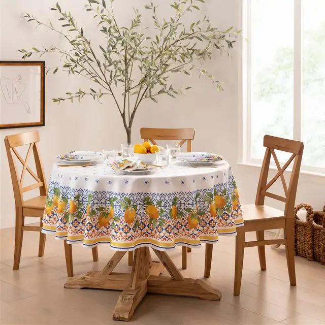Capri Lemon Double Border Tablecloth - Multicolor - 70" Round - Elrene Home Fashions