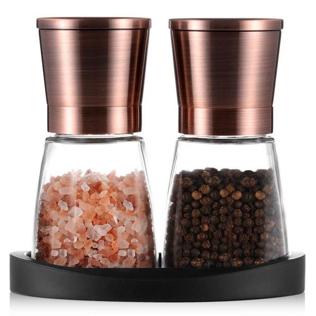 Pepper Grinder, Salt and Pepper Mills with Silicone Stand (2 pcs) Copper Colored Stainless Steel, Set of Salt and Pepper Grinders with Easy Adjustable Ceramic Coarseness, Glass Body