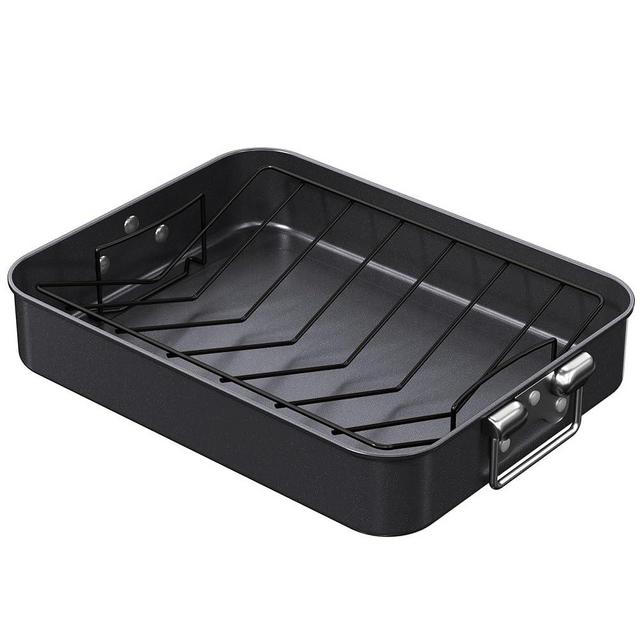 CHEFMADE Roasting Pan, 16-Inch Non-Stick Turkey Roaster Lasagna Pan with Rack - Rectangular Deep Dish Chicken Roaster Pan 16.3" x 12.52" x 3.11"(Black)
