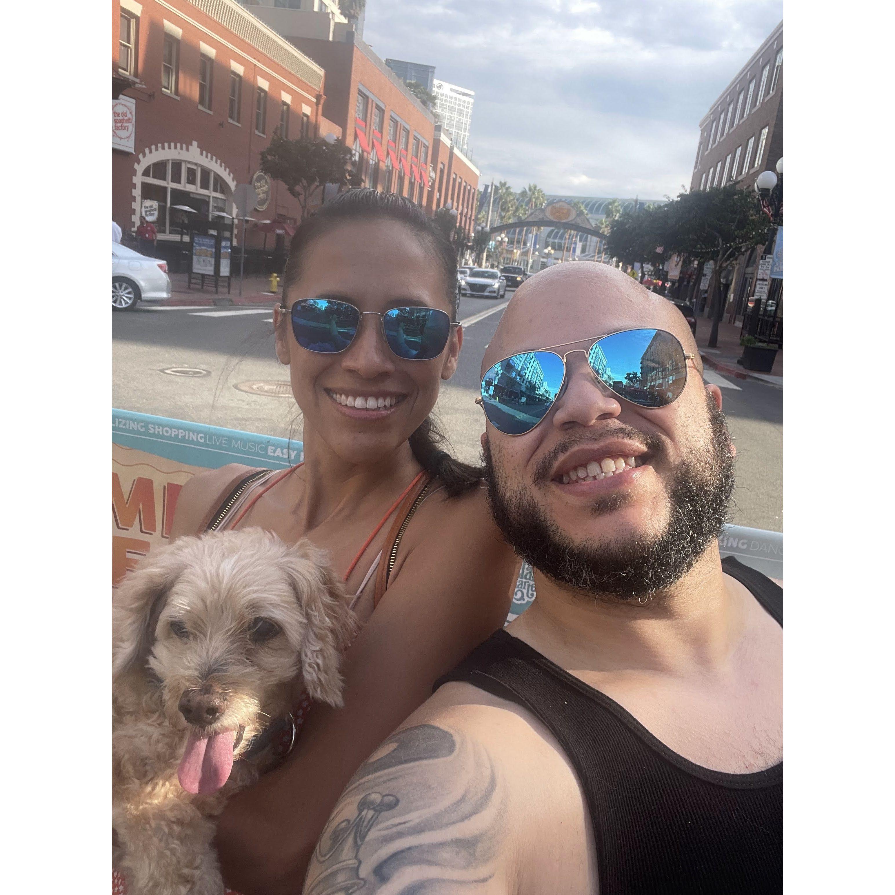 Galette, Mel, and Alex at the Gas Lamp District in San Diego