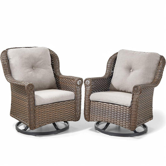 ACTREST Patio Chairs Outdoor Swivel Glider - Set of 2 High Back Outside Brown Wicker Rattan Rocking Chair with Thick Cushion for Porch Apartment Deck Yard Poolside Garden - Beige