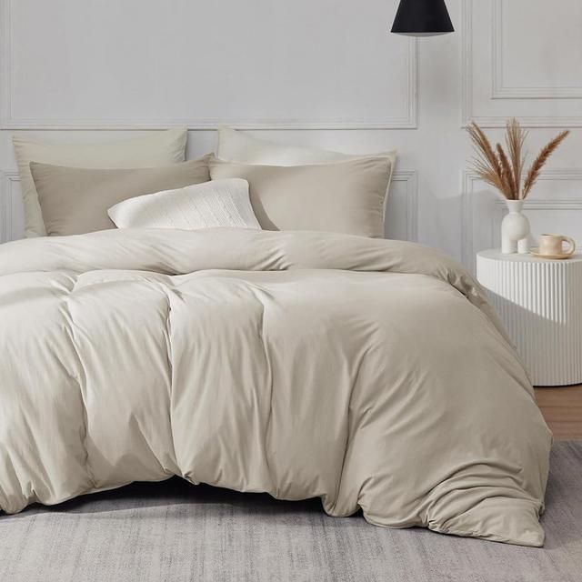 Bedsure 100% Jersey Knit Cotton Duvet Cover, Ultra Soft T-Shirt Cotton Comforter Cover Queen Size, Zipper Closure, 1 Duvet Cover 90x90 Inches and 2 Pillowcases (Beige)