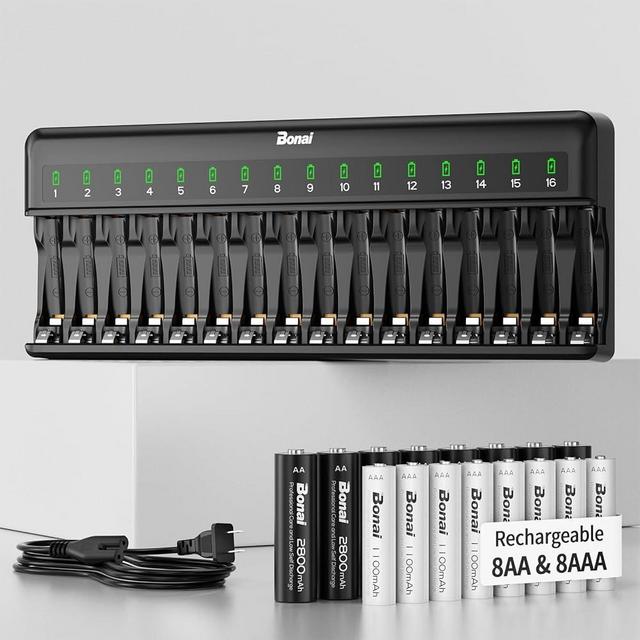 Bonai Rechargeable AA and AAA Batteries with Charger, 8 x 2800mAh AA & 8 x 1100mAh AAA & 16 Bay Advanced Individual Fast Battery Charge with American AC Plug