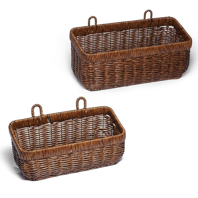 Hanging Wall Baskets, Brown Wicker Baskets for Garlic Ginger Eggs Onions Fruits, fit for Kitchen Living Room Garage Door Storage and Organizing (set of 2)