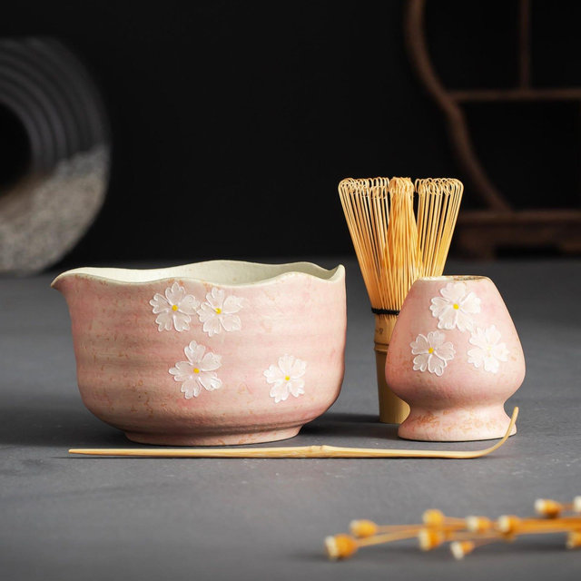 Handcrafted Cherry Blossom Pink Matcha Set with Bowl