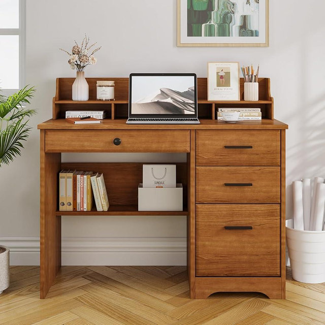 4 EVER WINNER Computer Desk with Drawers for Small Spaces, Wood Desk with File Cabinet & Monitor Stand, Office Desks Writing Study Table for Bedroom, Brown
