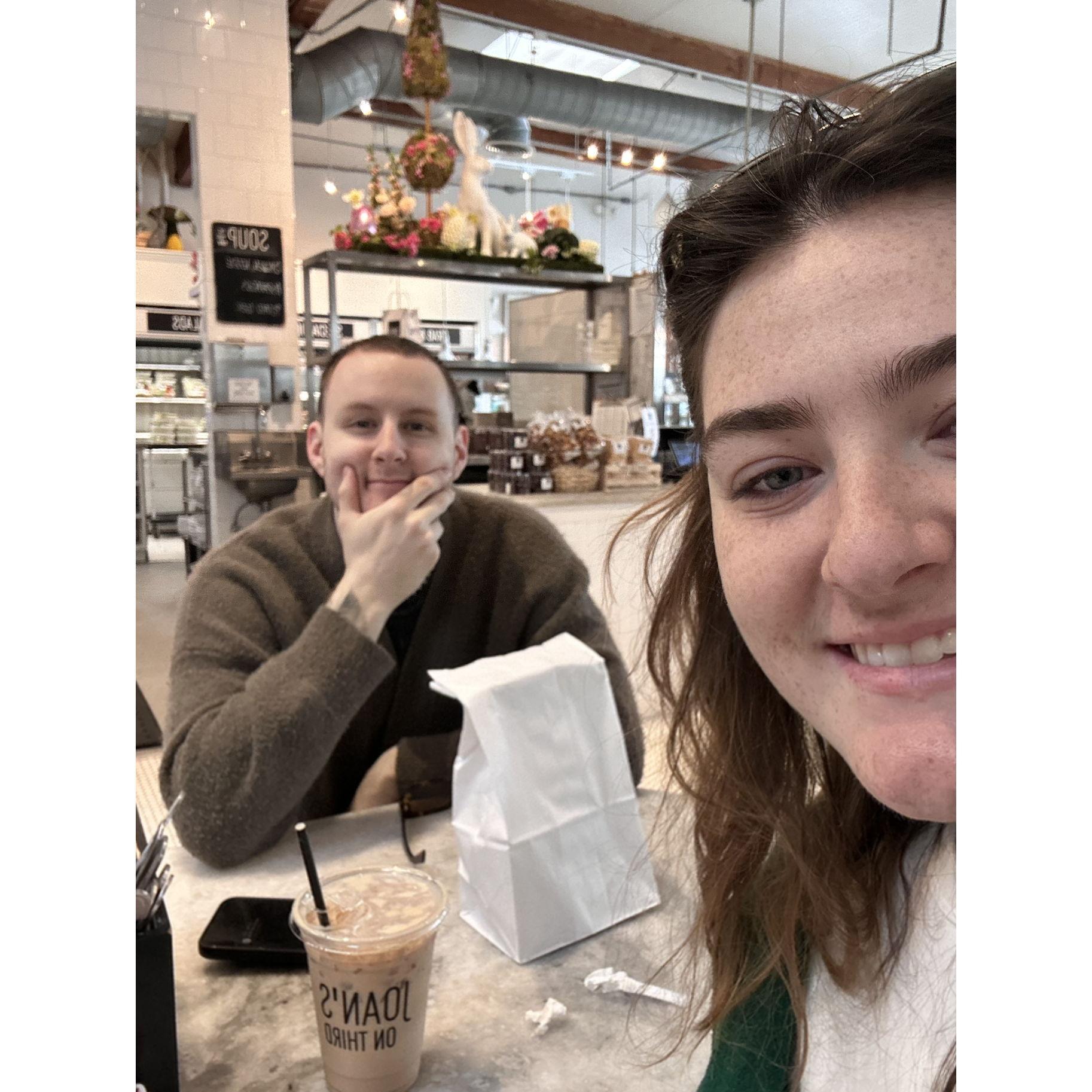 Commonly seen--us sitting at Joan's on Third waiting for our food!