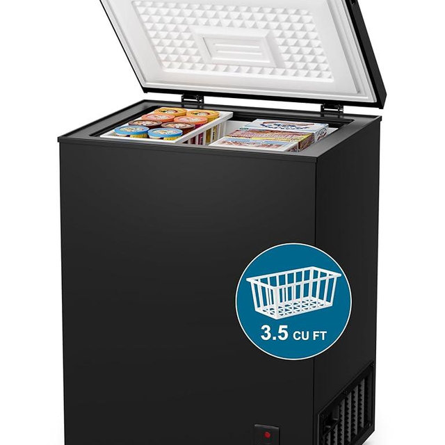 3.5 Cu.Ft Compact Chest Freezer, Energy Saving (0.36kWh/24H) & Ultra-Quiet (<40dB), with Removable Basket, 6-Temp, Manual Defrost Drain, Top Open Door Deep Freezer for Apartment, Dorm, Kitchen, Black