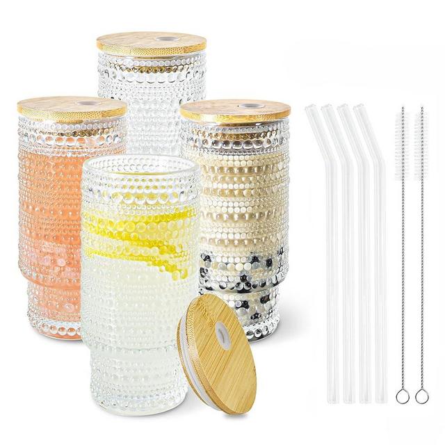 Icesip 4 Pcs 16 oz Glasses Cups Set with Bamboo Lids Straws Brush Hobnail Glassware Set for Juice Iced Coffee Beer and Cocktail Whiskey