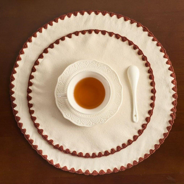 Scalloped Edge Linen Placemats, Round & Rectangle, Natural Cotton Blend Table Mats, Custom Trim Color, Farmhouse and Boho Decor
