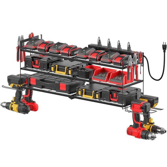 CCCEI Large Garage Tools Storage with Charging Station. Power Tool Battery Organizer Utility Shelf with Power Strip. 4 Drills Holder Wall Mount Rack, Black 3 Layer.