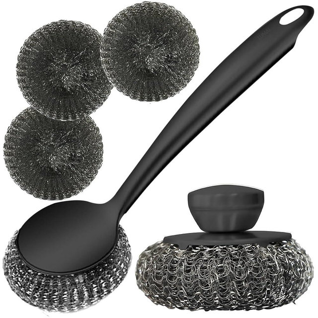 LUMAI Steel Wool Scrubber Dish Brush with Handle, Deep Cleaning Metal Scrubber Set, Steel Scrubber for Dishes, Metal Dish Scrubber, Metal Scrubbers for Cleaning Dishes (Black)