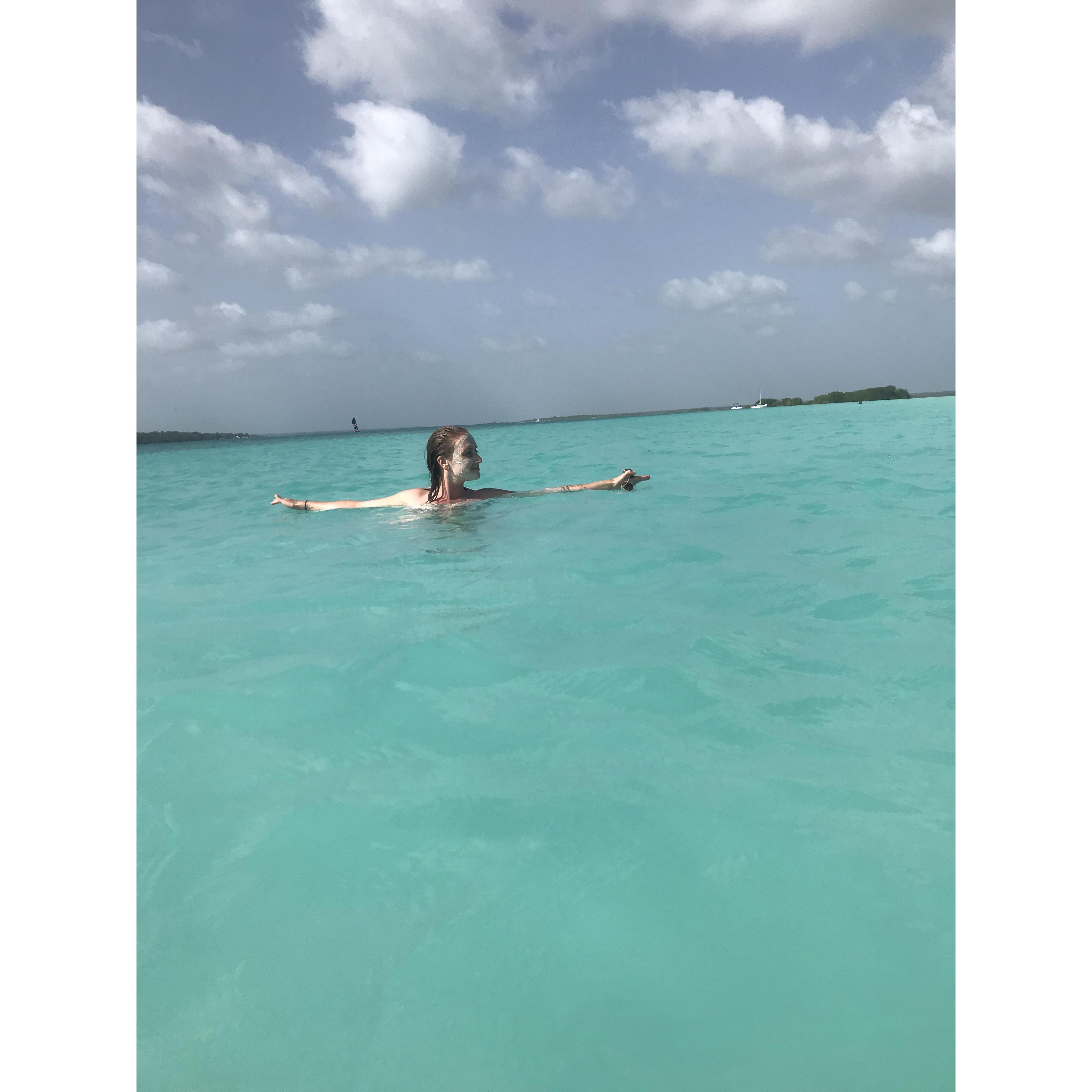 Enjoying the gorgeous water on one of our favorite trips: Bacalar, Mexico (on the Yucatan Peninsula) June 2019.