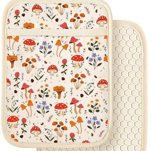 Slohif Silcone Mushroom Pot Holders for Kitchen - 100% Cotton Beige Cute Oven Potholders with Pockets, Heat Resistant Square Thick Hot Pads, House New Home Baking Baker Gifts,2pack