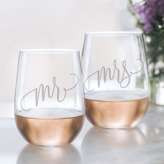 Mr and Mrs Wine Glass Set - 20oz Etched Stemless Wine Glasses for Couples. Perfect Engagement Party, Bridal Shower, Bachelorette Party or Wedding Gift from Bliss Paper Boutique (LEAD FREE & BPA FREE)
