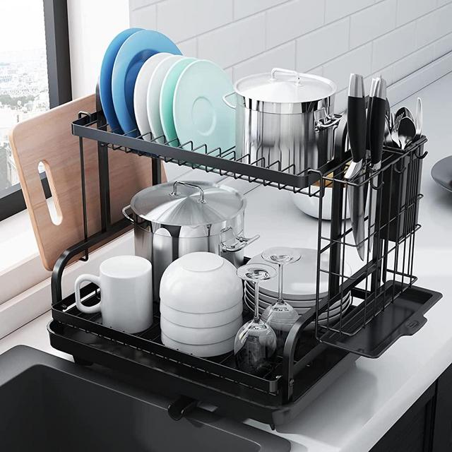 Kitsure Dish Drying Rack -Multifunctional Dish Rack, Rustproof Kitchen Dish Drying Rack with Drainboard & Utensil Holder, 2-Tier Dish Drying Rack with a Large Capacity for Kitchen Counter
