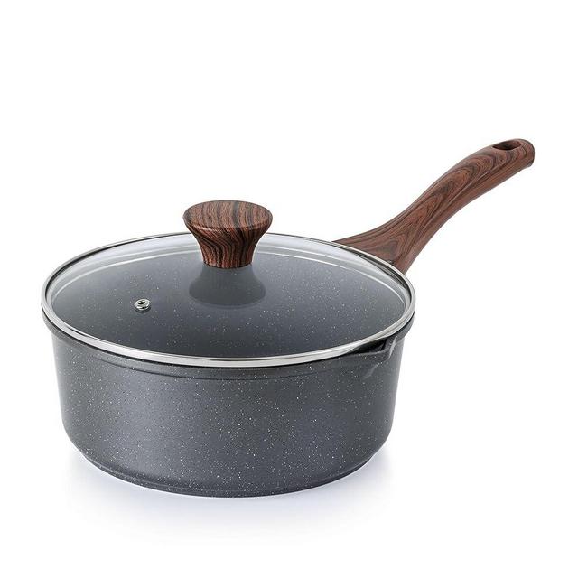 SENSARTE Nonstick Sauce Pan with Double Spout, 3.0 Quarts Swiss Granite Coating Sauce Pot with Lid Medium Kitchen Cooking Pot, Induction Comptable Saucepan, PFOA Free