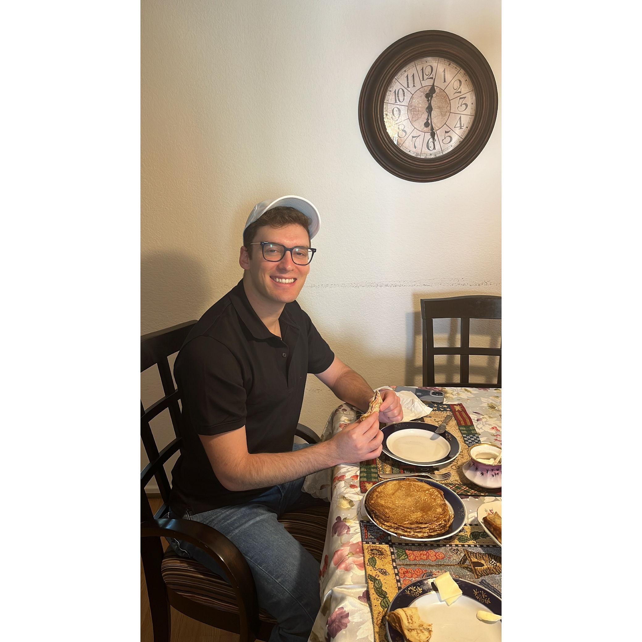 Alec enjoying a bowl of borsht at Grandma Iza's house in LA