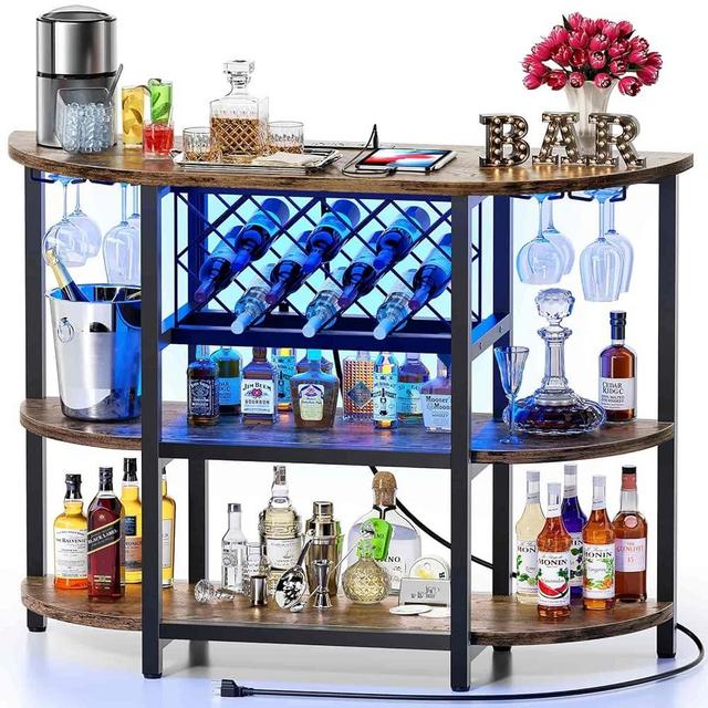 Zarler Bar Table Cabinet with Power Outlet, LED Home Mini Bar for Liquor, Metal Wine Bar Stand with 4-Tier Storage, Easy to Assemble, Brown