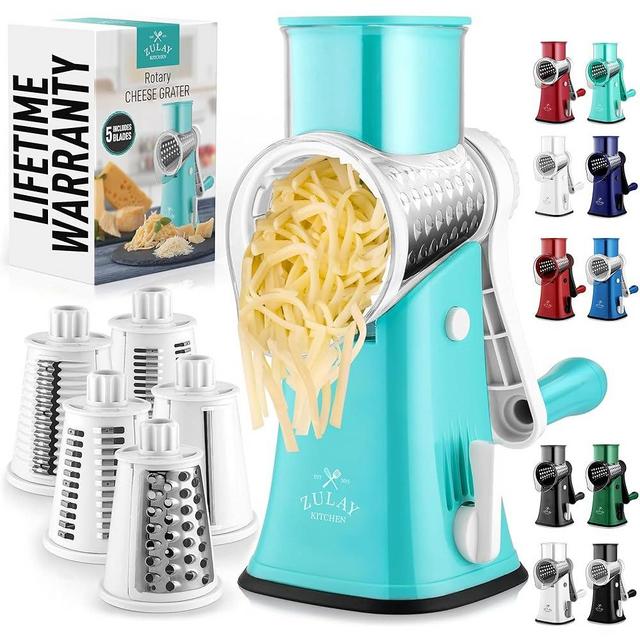 Zulay Rotary Cheese Grater 5 Blade Cheese Shredder - Manual Hand Crank Cheese Grater With Reinforced Suction & 5 Interchangeable Drums - Easy to Use Vegetable Chopper - Icy Breeze