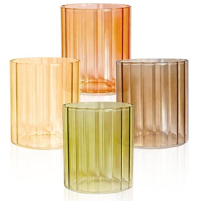 ELEMENT LABS Fall Glassware Set of 4 14oz Ribbed Drinking Glasses for Autumn Table Décor Cozy Gatherings Thanksgiving Centerpiece in Warm Autumn Tones Perfect Hostess Gift