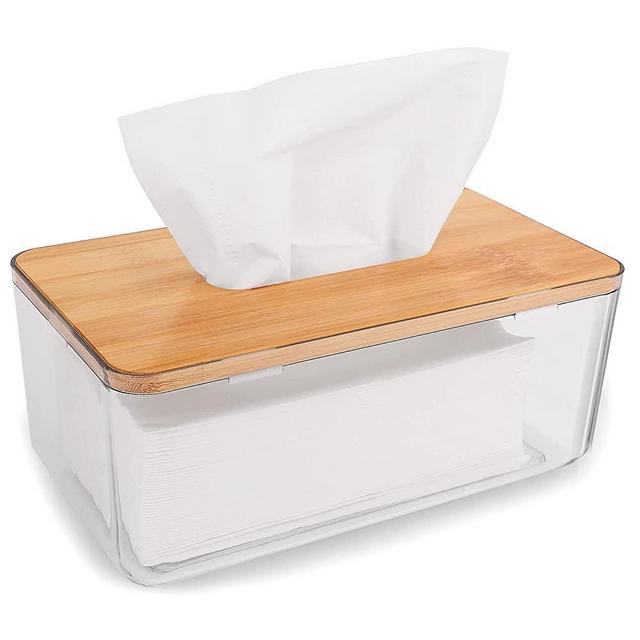 Minimalist Tissue Box Holder Rectangular with Bamboo Lid, Clear Dryer Sheet Holder Dispenser for Bathroom Vanity Countertop, Laundry Room, Living Room, Kitchen