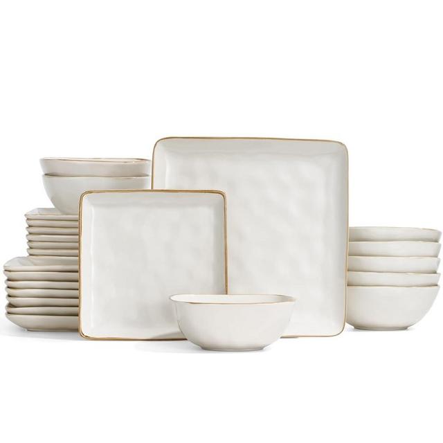 Famiware Dinnerware Sets for 8, Ocean Square 24-Piece Kitchen Plates and Bowls Sets, Microwave and Dishwasher Safe, Scratch Resistant, Vanilla White