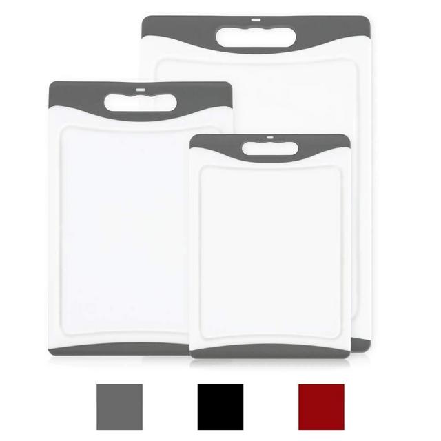 GripMAX Premium Durable Kitchen Cutting Board Set of 3, BPA Free, Dishwasher Safe, Large and Thick Plastic Chopping Mat Boards, Easy-Grip Rubber Handle, Non-Porous, Juice Grooves (3 Piece Set: Gray)