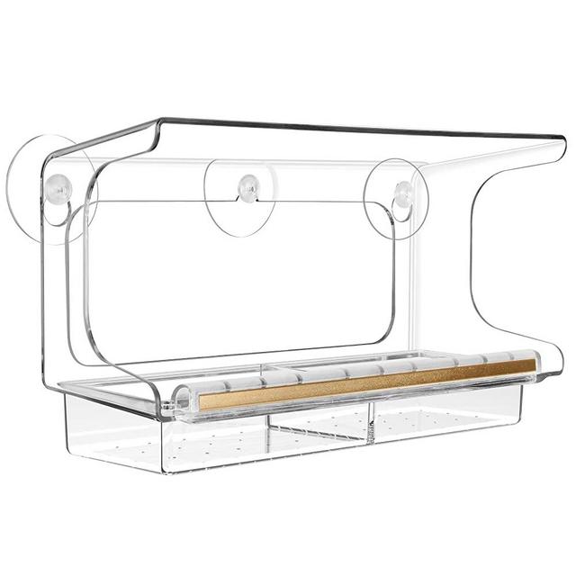 LUJII Shatterproof Window Bird Feeder with Strongest Suction Cups, Polycarbonate Window Mount Feeder with Crystal Clear View & Life-Out Tray, Fits Bigger Birds Like Cardinal or Blue Jay, Clear