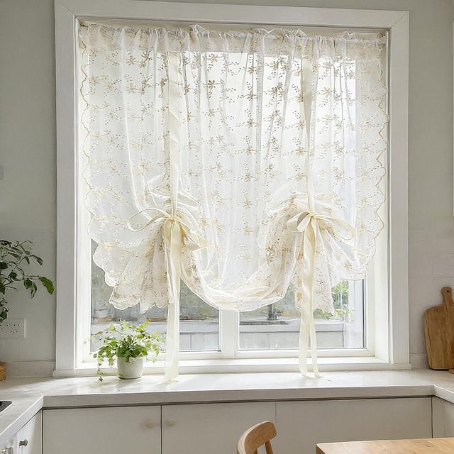 YIPINXIU Beige Romantic Little Floral Woven Lace Tie Up Balloon Curtain for Kitchen Liftable Tier Roman Blind Victorian Drapes for Small Window Cafe Balcony Rod Pocket 1 Panel (55Wx39L inch)