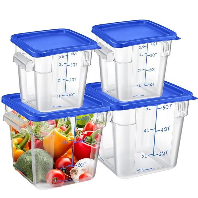 Maxcheck 4 Pcs Food Storage Container with Lids Set 4Qt 6Qt Square Clear Commercial Containers with Scale and Handle for Home Restaurant Kitchen Proof Dough Marinating Meat (Blue Lid)