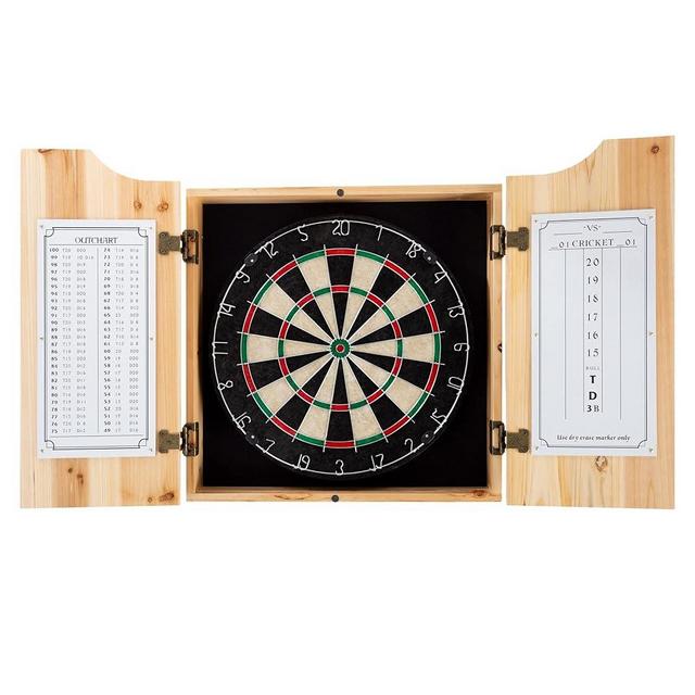 Dart Board Cabinet Set - Solid Pinewood Cabinet with 6 Metal-Tip Darts and Dry Erase Scoreboard - Bar Decor for Home by Trademark Games